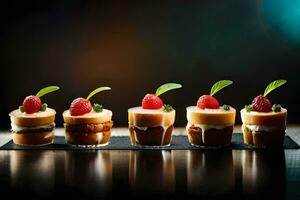 four desserts in small cups with raspberries. AI-Generated photo