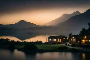 un lago y dos cabañas a puesta de sol. generado por ai foto