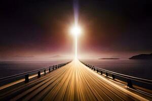 a long bridge with a light shining through it. AI-Generated photo