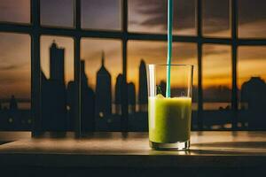 a glass of green juice with a straw in front of a cityscape. AI-Generated photo