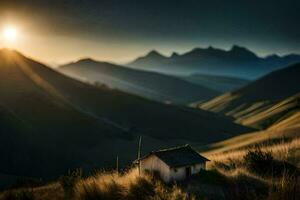 the sun rises over a small hut in the mountains. AI-Generated photo