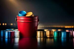 a red bucket with many different colored cans. AI-Generated photo