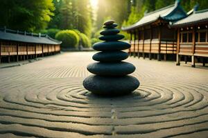 a stack of rocks in front of a pagoda. AI-Generated photo