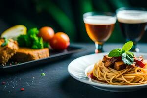 spaghetti and meatballs on a plate with a glass of beer. AI-Generated photo