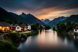 foto fondo de pantalla el cielo, montañas, río, atardecer, montañas, río, casas, río,. generado por ai