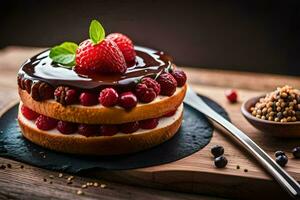 a cake with chocolate frosting and berries. AI-Generated photo