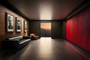 a room with red walls and black leather furniture. AI-Generated photo