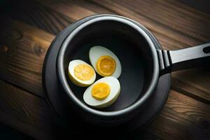 hard boiled eggs in a frying pan. AI-Generated photo