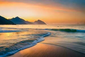 el puesta de sol terminado el Oceano y montañas. generado por ai foto