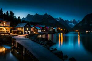 photo wallpaper the sky, mountains, water, houses, the sea, norway, the f. AI-Generated