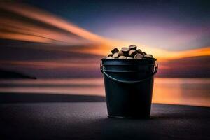 a bucket of wood on the beach at sunset. AI-Generated photo