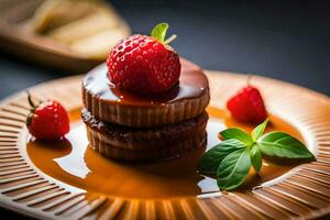 a dessert with chocolate sauce and strawberries. AI-Generated photo