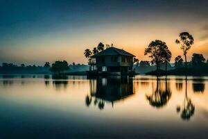 a house on the water at sunset. AI-Generated photo