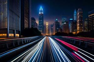 a city at night with light trails on the road. AI-Generated photo