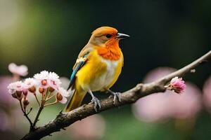 a colorful bird sits on a branch with pink flowers. AI-Generated photo