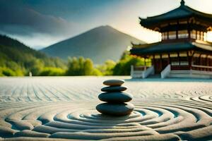 a pagoda in the background with stones stacked on the ground. AI-Generated photo