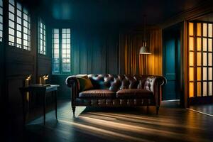 a dark room with a leather couch and a lamp. AI-Generated photo