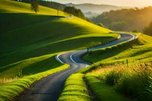 a winding road in the hills with green grass. AI-Generated photo