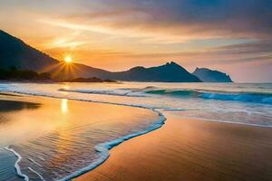 sunset on the beach, waves, mountains, ocean, hd wallpaper. AI-Generated photo