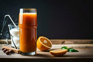 orange juice in a glass with cinnamon and oranges. AI-Generated photo