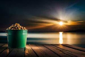 a bucket of peanuts on a wooden table in front of the sea. AI-Generated photo