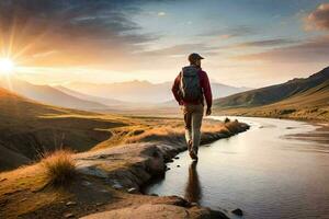 a man with a backpack walks along a river at sunset. AI-Generated photo