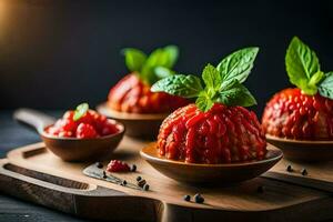 three small bowls with strawberries and mint leaves. AI-Generated photo