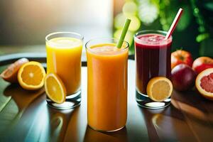 three glasses of juice with oranges and apples. AI-Generated photo