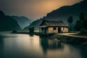 a small house sits on the side of a river. AI-Generated photo