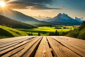 a wooden deck overlooking a valley and mountains. AI-Generated photo