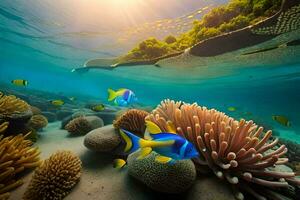 an underwater scene with coral and fish. AI-Generated photo