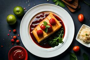 a piece of fish with sauce and vegetables on a white plate. AI-Generated photo