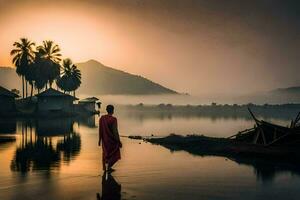 a monk walks along the shore of a lake at sunrise. AI-Generated photo