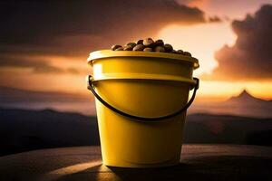 a bucket of nuts on a table with a sunset in the background. AI-Generated photo