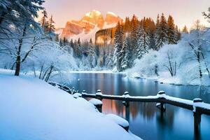 a snowy lake surrounded by trees and mountains. AI-Generated photo