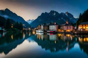 a beautiful view of a lake and mountains at dusk. AI-Generated photo