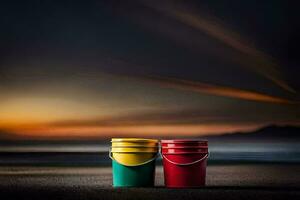 two colorful buckets sit on the beach at sunset. AI-Generated photo