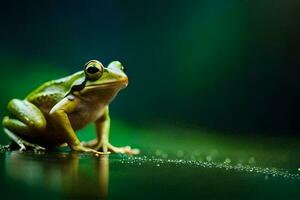 a frog sitting on a green surface with water droplets. AI-Generated photo