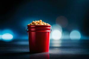 a red bucket filled with popcorn on a dark background. AI-Generated photo