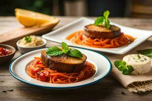 dos platos con comida en a ellos, incluso un pedazo de carne. generado por ai foto