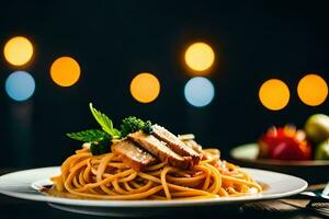 a plate of spaghetti with meat and vegetables. AI-Generated photo