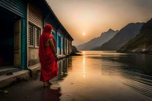 a woman in red dress standing on the shore of a lake. AI-Generated photo