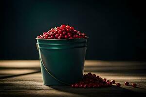 a bucket filled with red berries on a wooden table. AI-Generated photo