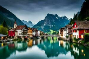 photo wallpaper the sky, mountains, water, houses, lake, switzerland, alps,. AI-Generated