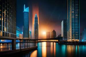 el ciudad horizonte a noche en Dubái generado por ai foto