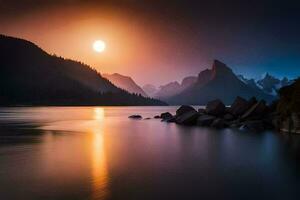 the sun sets over a mountain range and lake. AI-Generated photo