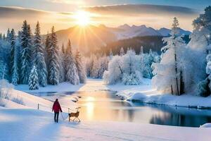 un persona caminando su perro en el nieve. generado por ai foto