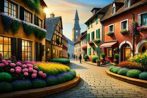 a street with colorful flowers and buildings. AI-Generated photo