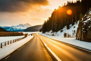 a snowy road in the mountains with the sun setting. AI-Generated photo