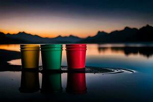 three colorful cups sit on the shore of a lake. AI-Generated photo